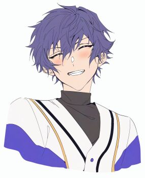 1boy blue_hair blush clenched_teeth closed_eyes cropped_torso d3_(som2eb) ensemble_stars! facing_viewer hair_between_eyes highres male_focus sazanami_jun short_hair simple_background smile solo teeth turtleneck white_background