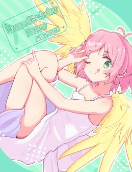 1girl absurdres ahoge angel_wings bare_shoulders blush character_name commentary_request dated dress english_text flat_chest green_background green_eyes halter_dress halterneck hand_on_own_face hand_on_own_knee happy_birthday harpy harpy_(puyopuyo) highres jazz_grace looking_at_viewer lying madou_monogatari monster_girl pink_hair puyopuyo short_hair smile solo tongue tongue_out upskirt white_dress wings yellow_wings