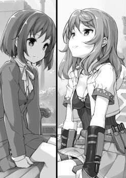 2girls arifureta_shokugyou_de_sekai_saikyou blazer bob_cut bracer breasts cleavage collarbone greyscale hatayama_aiko highres hood hood_down hooded_jacket jacket long_hair long_sleeves looking_up medium_breasts miniskirt monochrome multiple_girls neck_ribbon novel_illustration official_art open_clothes open_jacket outdoors pleated_skirt ribbon school_uniform sheath sheathed short_hair short_sleeves sitting skirt smile sonobe_yuka split_screen takayaki thigh_strap