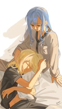 2girls bang_dream! bang_dream!_it&#039;s_mygo!!!!! black_shirt blonde_hair blue_hair closed_eyes clothes_grab commentary_request grey_pants hand_in_another&#039;s_hair highres hugging_object lap_pillow long_hair midriff misumi_uika multiple_girls omo_cccc pajamas pants parted_lips pillow pillow_hug procreate_(medium) shirt sidelocks simple_background sleeping tears togawa_sakiko white_background white_shirt yuri