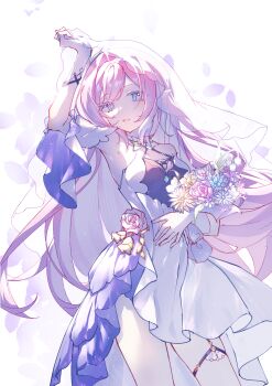 1girl absurdres alternate_costume arm_up bare_shoulders blue_eyes bouquet breasts chinese_commentary commentary_request dress elysia_(honkai_impact) flower gloves highres holding holding_bouquet honkai_(series) honkai_impact_3rd long_hair luohuabanyu71142 medium_breasts parted_lips pink_hair solo textless_version veil white_background white_dress white_gloves white_veil