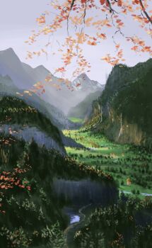 absurdres branch commentary day forest highres landscape mountain mountainous_horizon nature no_humans original outdoors scenery somete_(sometebaka) valley