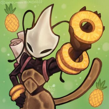 1girl antennae arito_meew arm_up arthropod_girl black_eyes black_skin colored_skin food fruit green_background hand_on_own_hip highres holding holding_food holding_fruit hollow_eyes hollow_knight hollow_knight:_silksong horned_mask mask pineapple pineapple_slice shakra_(hollow_knight) solo white_mask