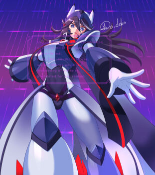 1girl armor black_hair commentary_request commission cowboy_shot helmet long_hair looking_at_viewer mega_man_(series) mega_man_x_(series) o_deko original purple_eyes robot_girl signature skeb_commission solo watermark white_armor white_helmet