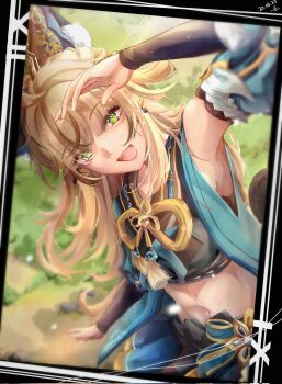 1girl :d ahoge ailyfiia_miuri animal_ears armpits bare_shoulders blonde_hair cat_ears cat_girl commentary english_commentary genshin_impact green_eyes hair_ornament highres kirara_(genshin_impact) looking_at_viewer midriff nekomata open_mouth smile teeth upper_teeth_only