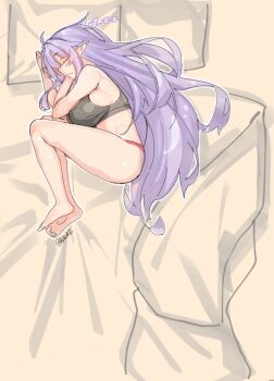 Rule 34 | ahoge, ass, breasts, closed eyes, eepy sleepy, feet, fetal position, large breasts, long hair, lying, on side, panties, phase connect, pointy ears, sleeping, sports bra, tilt-shift (azalanz), toes, underwear, virtual youtuber