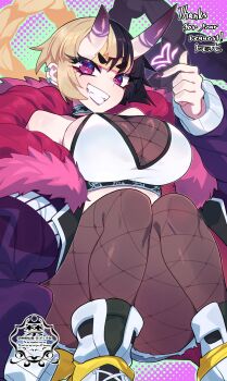 1girl bilingual_commentary black_choker black_hair blonde_hair blunt_bangs breasts bright_pupils brown_pantyhose choker commentary commission cropped_shirt ear_piercing english_commentary finger_heart fingernails fishnet_pantyhose fishnet_top fishnets fur-trimmed_jacket fur_trim grin hand_up heart highres horns jacket large_breasts long_sleeves looking_at_viewer matsumoto_tomoyohi mixed-language_commentary multicolored_hair nail_polish oni open_clothes open_jacket original pantyhose piercing purple_eyes purple_jacket purple_nails shirt shoes short_eyebrows short_hair skeb_commission skin-covered_horns smile solo split-color_hair thick_eyebrows two-tone_hair white_pupils white_shirt white_shoes
