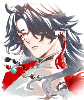 1boy black_hair blade_(elation)_(honkai:_star_rail) blade_(honkai:_star_rail) closed_mouth collared_shirt earrings hair_over_one_eye hashtag-only_commentary highres honkai:_star_rail honkai_(series) jacket jewelry long_hair male_focus necklace one_eye_covered parted_hair piercing portrait red_eyes red_jacket shirt simple_background single_earring solo tassel tassel_earrings twitter_username white_background yuedono