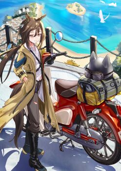 1girl absurdres animal_ears beach bird black_boots black_hair black_pants blush boots brown_eyes brown_hair closed_mouth coat collared_shirt ear_covers goggles goggles_on_headwear hair_between_eyes hands_in_pockets helmet highres horse_ears horse_girl horse_tail long_hair motor_vehicle motorcycle_helmet multicolored_hair outdoors pants scooter shirt smile solo stay_gold_(sunlit_outsider)_(umamusume) stay_gold_(umamusume) tail tatsumi_yashiro torn_clothes torn_coat umamusume water white_hair white_shirt wrist_belt yellow_coat