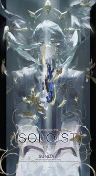 1boy blue_hair closed_eyes earrings english_text falling feathers full_body gloves gold_trim hashtag-only_commentary head_wings highres honkai:_star_rail honkai_(series) hood jewelry jinyugu594 long_sleeves medium_hair pants plant shoes sunday_(honkai:_star_rail) sunday_(sacerdos'_relived_ordeal)_(honkai:_star_rail) tailcoat thorns two-sided_fabric vines wings