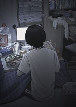 1boy at_computer beer_can black_hair can chopsticks commentary_request computer drink_can eating facing_away from_behind highres holding holding_chopsticks indoors instant_cup_noodles kotatsu laptop night original ouchi_kila plastic_bottle scissors shirt sitting snack solo t-shirt table white_shirt