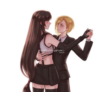 2girls artist_name bare_shoulders black_gloves black_hair black_jacket black_necktie black_pants black_skirt black_thighhighs blonde_hair blush closed_mouth commentary commission cowboy_shot crop_top dancing earrings elena_(ff7) english_commentary final_fantasy final_fantasy_vii final_fantasy_vii_rebirth final_fantasy_vii_remake fingerless_gloves from_side gloves hand_on_another's_back highres holding_hands jacket jewelry long_hair looking_at_another low-tied_long_hair miniskirt mlkywy multiple_girls necktie pants red_eyes shirt short_hair skirt smile stud_earrings suit_jacket suspender_skirt suspenders tank_top thighhighs tifa_lockhart turks_(ff7) white_background white_shirt white_tank_top wing_collar