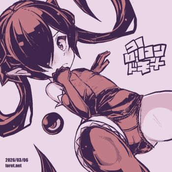 1girl backbeako_(torotei) backbeard blush clenched_hand closed_mouth commentary cowboy_shot crotch_seam dated dated_commentary elbow_gloves flat_chest gegege_no_kitarou gloves hair_over_one_eye hair_ribbon hand_up kono_lolicon_domome light_frown loli long_hair looking_at_viewer lying monochrome on_back one-piece_swimsuit original paid_reward_available pink_background pink_theme pointy_ears ribbon simple_background solo spread_legs sweat swimsuit thighhighs torotei translated twintails very_long_hair watermark web_address