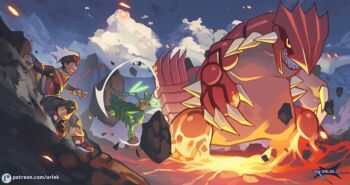 1boy backpack bag battle black_eyes brendan_(pokemon) claws cloud colored_sclera fire gen_3_pokemon groudon hat lava legendary_pokemon nintendo open_mouth orlek patreon pokemon pokemon_rse rock sceptile shoes signature yellow_sclera