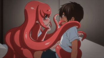 1boy 1girl 2025 20s ajin_ga_osuki_nan_desu_ne animated animated_gif anime_screenshot bare_shoulders blush breasts cephalopod_eyes closet covered_mouth furry furry_with_non-furry gym_shorts gym_uniform hetero interspecies monster monster_girl octopus octopus_girl puru_(ajin_ga_osuki_nan_desu_ne) queen_bee_(animation_studio) shorts shota small_breasts squid_girl tagme tentacle_hair tentacles yellow_eyes
