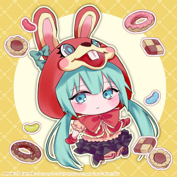 Rule 34 | 1girl, alternate costume, animal ears, animal hood, argyle background, black boots, black skirt, blue eyes, blue hair, blush stickers, boots, bow, buck teeth, candy, checkerboard cookie, chibi, chibi only, chocolate donut, commentary request, cookie, deformed, dessert, donut, expressionless, fake animal ears, food, frilled bow, frilled skirt, frills, gloves, hatsune miku, highres, hood, jelly bean, kinoshita aki, knees together feet apart, large bow, long hair, no nose, orange background, outline, pantyhose, pink gloves, pink pantyhose, puffy short sleeves, puffy sleeves, rabbit ears, rabbit hood, short sleeves, skirt, solo, sprinkles, striped clothes, striped pantyhose, sweets, teeth, twintails, two-tone pantyhose, vertical-striped clothes, vertical-striped pantyhose, vocaloid, watermark, white outline, white pantyhose