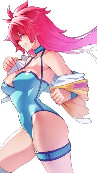 1girl aqua_choker blue_leotard breasts choker cleavage cowboy_shot highres jacket kupala leotard leotard_under_clothes long_hair medium_breasts mighty_yukiko pink_hair purple_eyes short_sleeves simple_background smile solo undressing white_background wrestle_angels wrestle_angels_survivor wrestle_angels_survivor_2 wrestler wrestling_outfit wristband yellow_jacket