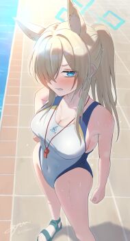 1girl absurdres animal_ear_fluff animal_ears blonde_hair blue_archive blue_eyes blue_halo breasts commentary competition_swimsuit covered_navel dog_ears dog_girl extra_ears feet_out_of_frame from_above hair_over_one_eye halo hand_on_own_hip highleg highleg_one-piece_swimsuit highres kanna_(blue_archive) kanna_(swimsuit)_(blue_archive) large_breasts long_hair looking_at_viewer notched_ear official_alternate_costume one-piece_swimsuit ponytail poolside sandals signature solo standing swimsuit uryua0324 wet whistle whistle_around_neck white_one-piece_swimsuit