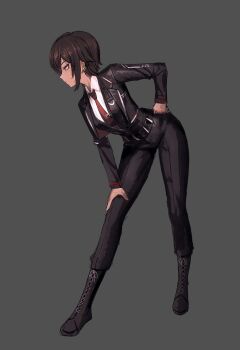 Rule 34 | 1girl, belt, black belt, black boots, black jacket, black pants, boots, brown eyes, brown hair, collared shirt, dolsig ilangnolja, grey background, jacket, lapels, limbus company, necktie, notched lapels, outis (project moon), pants, project moon, protected link, red necktie, red trim, shirt, short hair, sidelocks, silver trim, simple background, solo, white shirt