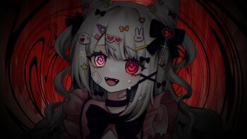 1girl :d @_@ artist_request bandaid bandaid_on_cheek bandaid_on_face bandaid_on_neck black_bow black_bowtie black_choker blunt_bangs borrowed_character bow bowtie choker commission cone_hair_bun dark double_bun fangs frilled_shirt frills furrowed_brow ghost_hair_ornament glowing glowing_eyes hair_bow hair_bun hair_ornament heart heart_hair_ornament heterochromia highres large_bow lollipop_hair_ornament long_hair looking_ahead nervous_sweating open_mouth original pill_hair_ornament pink_eyes pink_shirt portrait rabbit_hair_ornament red_background red_eyes second-party_source shirt sleeveless sleeveless_shirt smile solo star_(symbol) star_hair_ornament sweat two_side_up vignetting wavy_background wavy_hair x_hair_ornament