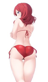 1girl absurdres ass back bikini commentary_request highres kirisaki_reina looking_at_viewer love_live! love_live!_school_idol_project medium_hair nishikino_maki purple_eyes red_bikini red_hair side-tie_bikini_bottom simple_background solo swimsuit thigh_gap thighs v-shaped_eyebrows white_background