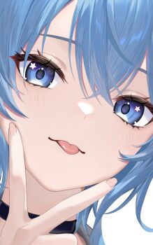 1girl absurdres arm_up black_choker blue_eyes blue_hair blush choker close-up commentary_request crossed_bangs dutch_angle eyelashes fingernails hair_between_eyes highres hololive hoshimachi_suisei inward_v looking_at_viewer solo star_(symbol) star_in_eye symbol_in_eye tongue tongue_out v yasu_(yasu_35m)
