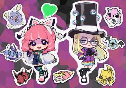 1boy 1girl :d abra ascot asymmetrical_gloves asymmetrical_legwear avery_(pokemon) black_ascot black_headwear black_thighhighs blonde_hair blue_eyes blush bracelet chibi closed_mouth collared_shirt dynamax_band eneko_(olavcnkrpucl16a) eyeshadow fur_jacket galarian_form galarian_ponyta galarian_slowpoke gen_1_pokemon gen_4_pokemon gen_5_pokemon gen_8_pokemon glasses gloves hat jacket jewelry klara_(pokemon) koffing long_hair looking_at_viewer makeup mismatched_gloves mismatched_legwear mole mole_under_mouth nintendo open_mouth pink_eyeshadow pink_hair pokemon pokemon_(creature) pokemon_swsh round_eyewear shirt shoes shorts single_glove skorupi smile socks teeth thighhighs tongue top_hat upper_teeth_only venipede white_jacket woobat