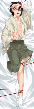 1boy absurdres arm_up bdsm bed_sheet black_hair bondage bound collared_shirt commentary_request cum cum_on_body dakimakura_(medium) facial full_body glasses green_eyes green_hakama hakama highres itoshiki_nozomu japanese_clothes kimono leg_up lying male_focus megamido on_back open_mouth red_rope rope sayonara_zetsubou_sensei shirt shosei socks solo tabi unbuttoned unbuttoned_shirt white_shirt white_socks