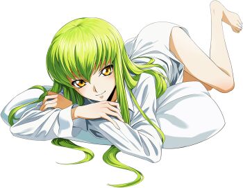 1girl artist_request ass barefoot blush bottomless c.c. closed_mouth code_geass code_geass:_lost_stories crossed_arms feet female_focus full_body game_cg green_hair hair_between_eyes happy legs long_hair long_sleeves looking_at_viewer lying non-web_source official_art on_pillow on_stomach pillow shirt sidelocks simple_background smile solo thighs transparent_background white_shirt yellow_eyes