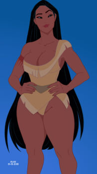 1girl artist_name black_hair blue_background breasts dark-skinned_female dark_skin dated hands_on_own_hips highres large_breasts long_hair looking_to_the_side pocahontas_(disney) pocahontas_(movie) rx1204 simple_background solo