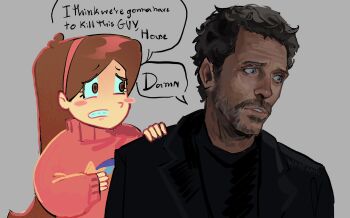 1boy 1girl beard black_shirt brown_hair collared_sweater english_text facial_hair gravity_falls gregory_house hairband highres house_m.d. i_think_we&#039;re_gonna_have_to_kill_this_guy_steven_(meme) jacket long_hair mabel_pines meme old old_man pink_hairband pink_sweater shirt simple_background suit_jacket sweater tv_show warekawl