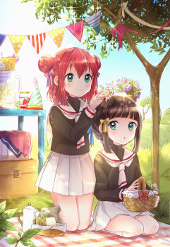 2girls backlighting bad_id bad_pixiv_id bag basket blanket brown_hair cardcaptor_sakura coffee_pot commentary_request cosplay daidouji_tomoyo daidouji_tomoyo_(cosplay) day double_bun flower flower_wreath food fruit full_body grass green_eyes hair_bun hair_ribbon hat head_wreath highres holding holding_basket holding_wreath jar kazepana kero_(cardcaptor_sakura) kero_(cosplay) kinomoto_sakura kinomoto_sakura_(cosplay) kneehighs kneeling kurosawa_dia kurosawa_ruby lemon lemon_slice long_sleeves love_live! love_live!_sunshine!! miniskirt mole mole_under_mouth multiple_girls ohara_mari outdoors paper_bag party_hat picnic picnic_basket plaid_blanket pleated_skirt red_hair ribbon sandwich school_uniform seiza serafuku siblings sisters sitting skirt sky smile socks sparkle string_of_flags table tomoeda_elementary_school_uniform tomoeda_middle_school_uniform tree white_skirt