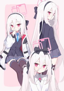 1girl absurdres black_bow black_hairband black_skirt black_thighhighs black_vest blue_archive blue_necktie bow bow_hairband collared_shirt hair_between_eyes hairband halo hashtag-only_commentary highres jacket kei_(blue_archive) kei_(new_body)_(blue_archive) klaius light_blush long_hair long_hair_between_eyes long_sidelocks looking_at_viewer looking_back necktie open_clothes open_jacket pink_eyes pink_halo pleated_skirt rectangular_halo ringed_eyes shirt sidelocks skirt small_sweatdrop solo thighhighs twintails variations very_long_hair vest white_jacket white_shirt zettai_ryouiki