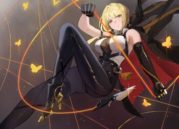 1girl arm_strap black_coat black_pants blonde_hair breasts bug chest_harness closed_mouth coat coat_on_shoulders commentary dark_background elbow_gloves english_commentary evelyn_chevalier gloves half_gloves harness high-waist_pants high_heels highres insect jourd4n knife latex_pants looking_at_viewer mole mole_under_eye moth necktie pants purple_eyes ring_hair_ornament see-through_clothes shirt single_elbow_glove single_half_glove sleeveless sleeveless_shirt solo sparkle thread tight_clothes tight_pants white_shirt yellow_necktie zenless_zone_zero