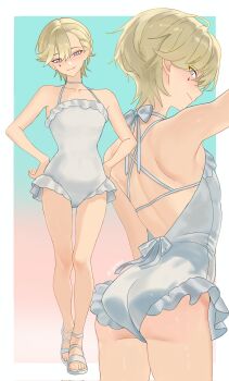1boy ass blonde_hair border crossdressing crossdressing_(mtf) facial_mark frilled_one-piece_swimsuit frills full_body genshin_impact highres lyney_(genshin_impact) male_focus multiple_views one-piece_swimsuit outside_border smile solo swimsuit teardrop_facial_mark trap white_border zoa_(chrrtlk3)