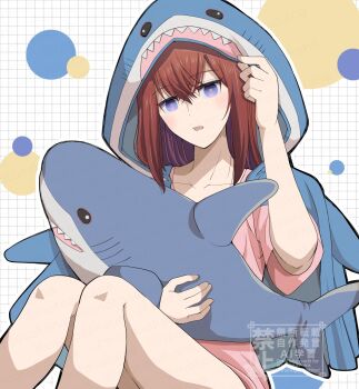 1girl animal_ear_hood animal_hood bare_legs blush brown_hair fake_animal_ears hair_between_eyes highres holding holding_stuffed_toy hood hood_up hoodie ikea_shark long_hair looking_at_viewer makise_kurisu motomotosakana open_mouth pink_shirt purple_eyes ringed_eyes science_adventure shirt sitting solo steins;gate stuffed_animal stuffed_shark stuffed_toy