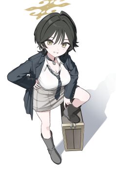 1girl absurdres black_boots black_hair black_jacket blue_archive boots breasts cleavage collared_shirt commentary ear_piercing from_above fuyu_(blue_archive) green_eyes grey_skirt grin hair_between_eyes halo hand_on_own_hip highres jacket jewelry kekek large_breasts leg_up long_sleeves looking_at_viewer mole mole_under_eye necktie open_clothes open_jacket piercing shadow shirt shirt_tucked_in short_hair simple_background skirt smile solo striped_necktie white_background white_shirt