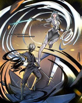 Rule 34 | 1boy, 1girl, absurdres, arm guards, armor, black gloves, black robe, black tunic, breastplate, crown, fighting stance, fingerless gloves, full body, gloves, highres, holding, holding sword, holding weapon, knee up, long hair, magic, mask, nephis (shadow slave), official alternate costume, robe, robin871, shadow, shadow slave, short hair, shoulder armor, standing, standing on one leg, sunny (shadow slave), swirl, sword, tunic, very long hair, weapon, white hair