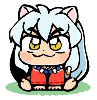 1boy :3 animal_ears barefoot bkub blue_hair blush_stickers chibi chibi_only closed_mouth dot_nose double-parted_bangs full_body hair_between_eyes highres inuyasha inuyasha_(character) jewelry long_hair long_sleeves male_focus necklace red_shirt shirt simple_background sitting smile solo white_background yellow_eyes