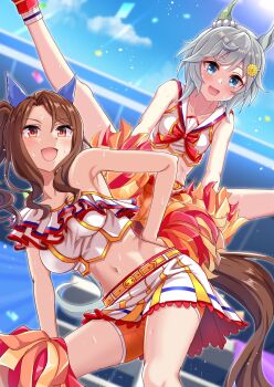 2girls absurdres alternate_costume animal_ears apron bare_shoulders blue_eyes breasts brown_apron brown_hair cosplay flower_hairpin grey_hair hand_on_own_hip highres horse_ears horse_girl horse_tail king_halo_(umamusume) large_breasts long_hair medium_breasts medium_hair midriff multiple_girls navel nice_nature_(run&amp;win)_(umamusume) nice_nature_(umamusume) nice_nature_(umamusume)_(cosplay) open_mouth pom_pom_(cheerleading) seiun_sky_(umamusume) shorts shorts_under_skirt side_ponytail split sweat tail umamusume zenrakishi