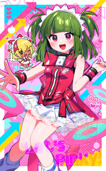 2girls 48okku :d beatmania_iidx beatmania_iidx_32_pinky_crush bemani blonde_hair blunt_bangs blush blush_stickers border bow braid chibi dark-skinned_female dark_skin feet_out_of_frame green_hair hair_bow hairband headphones heart highres hishimiya_tsugaru lace lace-trimmed_skirt lace_trim leg_warmers looking_at_viewer maid_headdress medium_hair miniskirt multiple_girls one_eye_closed open_mouth orange_eyes outside_border pink_bow pink_eyes pink_shirt pleated_skirt shirt skirt sleeveless sleeveless_shirt smile solo_focus teeth twin_braids two_side_up upper_teeth_only vinyl_record watermark white_border white_hairband white_leg_warmers white_skirt wristband xiatian_(beatmania)