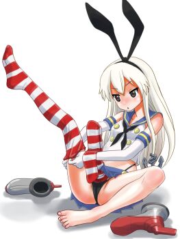 1futa bulge cocksleeve erection erection_under_clothes futanari grey_eyes kantai_collection large_penis long_hair miniskirt oominato_natsuko panties penis rabbit_ears shimakaze_(kancolle) shoes sitting skirt sock_on_penis socks solo striped_clothes striped_legwear striped_thighhighs thighhighs underwear unworn_shoes white_hair