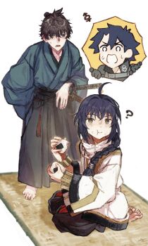 Rule 34 | 1other, 2boys, ?, ahoge, barefoot, black gloves, black hair, black hakama, black jacket, blue kimono, braid, eating, fate/grand order, fate (series), food, food on face, fujimaru ritsuka (male), fujimaru ritsuka (male) (polar chaldea uniform), fujimaru ritsuka wa wakaranai, full body, gloves, hair over shoulder, hakama, highres, holding, holding food, jacket, japanese clothes, jewelry, katana, kimono, miyamoto iori (fate), multiple boys, natori re, necklace, onigiri, rice, rice on face, sheath, sheathed, sidelocks, single braid, sitting, sweat, sword, topknot, weapon, white background, yamato takeru (fate), yellow eyes