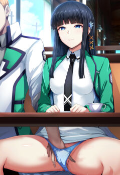 1boy 1girl black_hair black_necktie blue_eyes blue_panties commentary_request cup daiaru dress false_smile first_high_school_uniform green_jacket hair_ornament hand_in_panties hetero highres indoors jacket long_hair looking_ahead mahouka_koukou_no_rettousei multicolored_jacket necktie panties public_indecency pussy_juice school_uniform shiba_miyuki smile snowflake_hair_ornament square-end_necktie stealth_fingering teacup two-tone_jacket under_table underwear white_dress white_jacket