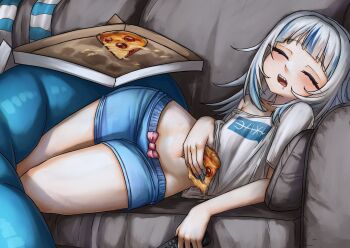 1girl breasts casual closed_eyes commentary controller couch drooling english_commentary fins fish_tail flat_chest food gawr_gura highres holding holding_food holding_pizza hololive hololive_english long_hair on_couch open_mouth pear-shaped_figure petite pizza pizza_box pizza_slice remote_control shark shark_girl shark_tail shirt shorts single_bare_shoulder sleeping small_breasts solo superfann tail thick_thighs thighs virtual_youtuber wide_hips