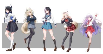 13enter 5girls absurdres alternate_costume animal_ear_fluff animal_ears arm_up asymmetrical_horns belt black_hair black_horns black_pantyhose black_sailor_collar black_skirt black_socks black_thighhighs blazer blonde_hair blue_belt blue_eyes blue_hair blue_hairband blue_jacket blue_sailor_collar blue_skirt bow bowtie breasts brown_shoes chuunibyou_demo_koi_ga_shitai! closed_mouth colored_inner_hair commentary demon_horns dog_ears dog_girl dog_tail english_commentary full_body fuwawa_abyssgard grey_background grey_hair grey_skirt hairband hand_on_own_hip hands_up highres holoadvent hololive hololive_english horns hyouka icho_private_high_school_uniform interlocked_fingers jacket k-on! kamiyama_high_school_uniform_(hyouka) kita_high_school_uniform kneehighs koseki_bijou large_breasts loafers long_hair long_sleeves looking_at_viewer lucky_star mococo_abyssgard multicolored_hair multiple_girls neckerchief nerissa_ravencroft open_mouth own_hands_together pantyhose pink_eyes pink_hair pink_hairband pink_neckerchief plaid_clothes plaid_skirt pleated_skirt purple_eyes purple_hair red_bow red_bowtie red_eyes red_sailor_collar red_skirt ryouou_school_uniform sailor_collar sakuragaoka_high_school_uniform school_uniform shiori_novella shirt shirt_overhang shoes short_hair siblings sisters skirt smile socks split-color_hair standing standing_on_one_leg streaked_hair suzumiya_haruhi_no_yuuutsu tail thighhighs twins two-tone_background two-tone_hair two_side_up uneven_horns very_long_hair virtual_youtuber waving white_background white_shirt white_socks yellow_eyes zettai_ryouiki