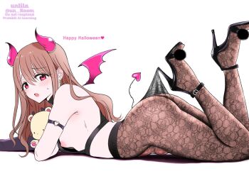 1boy ass black_bra bra brown_hair bulge crossdressing crossdressing_(mtf) demon_horns demon_tail demon_wings high_heels highres horns lace_pantyhose lace_pantyhose_hooked_on_heel_(meme) looking_at_viewer lying nagano_rira nipple_slip nipples no_panties on_stomach original penis penis_peek red_eyes simple_background solo tail testicle_peek testicles trap underwear white_background wings