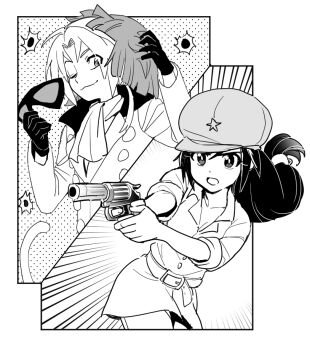 1boy 1girl alternate_costume ascot black_gloves black_hair border bullet_hole cat_tail coat commentary_request cowboy_shot dede_(qwea_00000) eye_mask final_fantasy final_fantasy_ix garnet_til_alexandros_xvii gloves greyscale gun hair_over_shoulder handgun hat holding holding_gun holding_mask holding_weapon korean_commentary long_hair low-tied_long_hair low_ponytail mask monochrome one_eye_closed open_mouth parted_lips ponytail sleeves_rolled_up smile tail weapon white_ascot white_border white_coat zidane_tribal