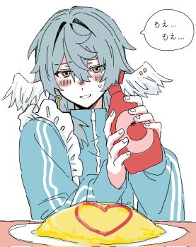 1boy alternate_costume blue_jacket blush bottle critical_micell earrings feathered_wings fingernails food frills gold_earrings grey_hair hair_between_eyes hands_up head_wings heart highres holding holding_bottle honkai:_star_rail honkai_(series) jacket jewelry ketchup ketchup_bottle long_sleeves looking_at_viewer male_focus omelet omurice piercing plate puffy_long_sleeves puffy_sleeves short_hair sidelocks simple_background smile solo speech_bubble sunday_(honkai:_star_rail) sweatdrop teeth track_jacket translation_request upper_body white_background wing_piercing wings yellow_eyes zipper