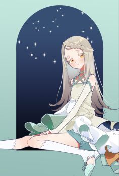 1girl bare_shoulders blush braid commentary_request dress flat_chest gakuen_idolmaster gradient_hair green_dress grey_hair highres idolmaster koukei_(idolmaster) lily-an long_hair looking_at_viewer multicolored_hair orange_eyes shinosawa_hiro sitting smile solo